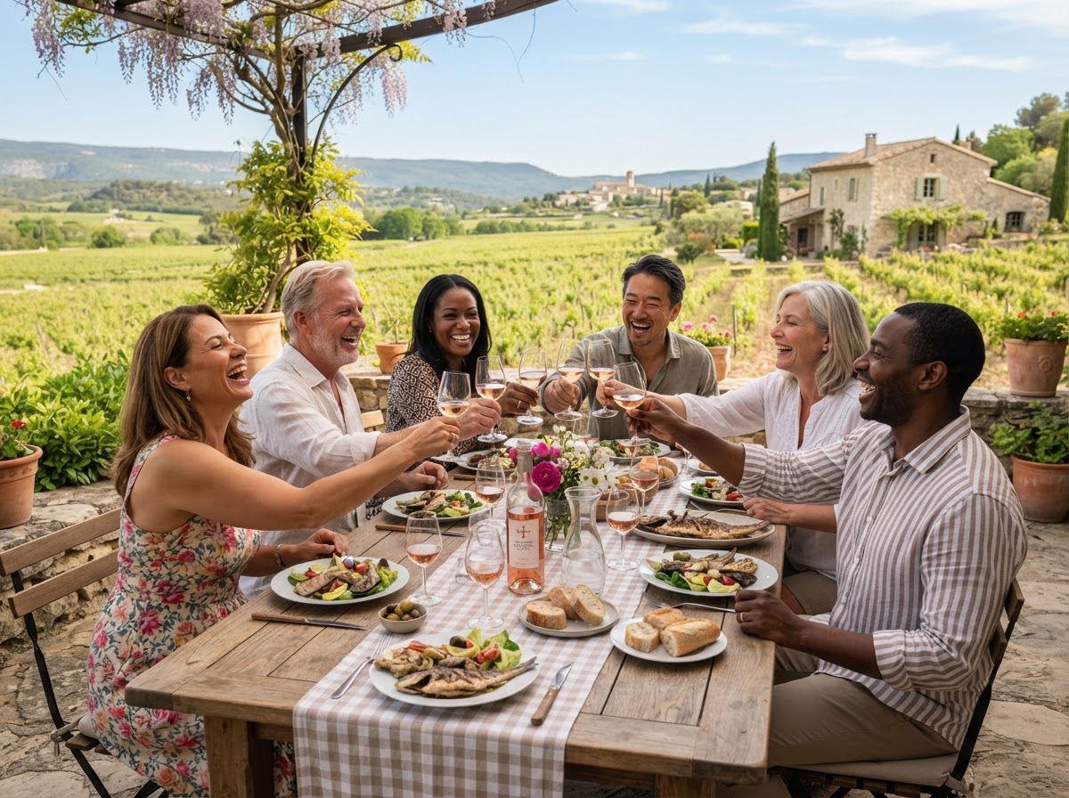 Diverse group of travelers sharing wine and laughter