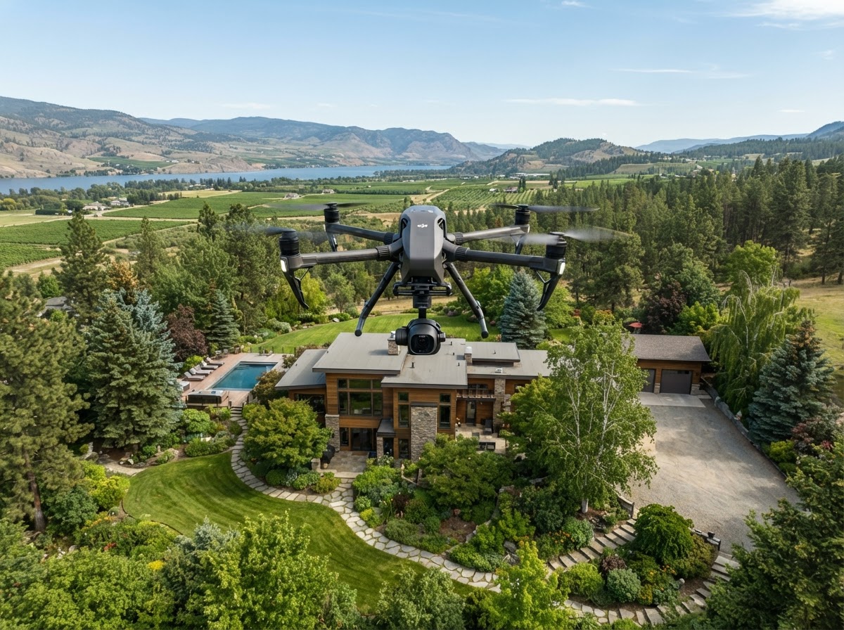 Camera drone surveying a landscaped property in the North Okanagan