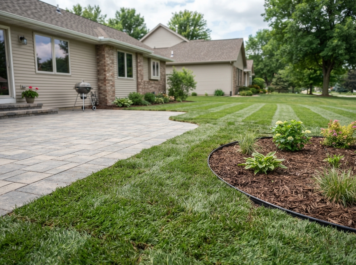 Sod installation surrounding a patio area in a West Michigan yard