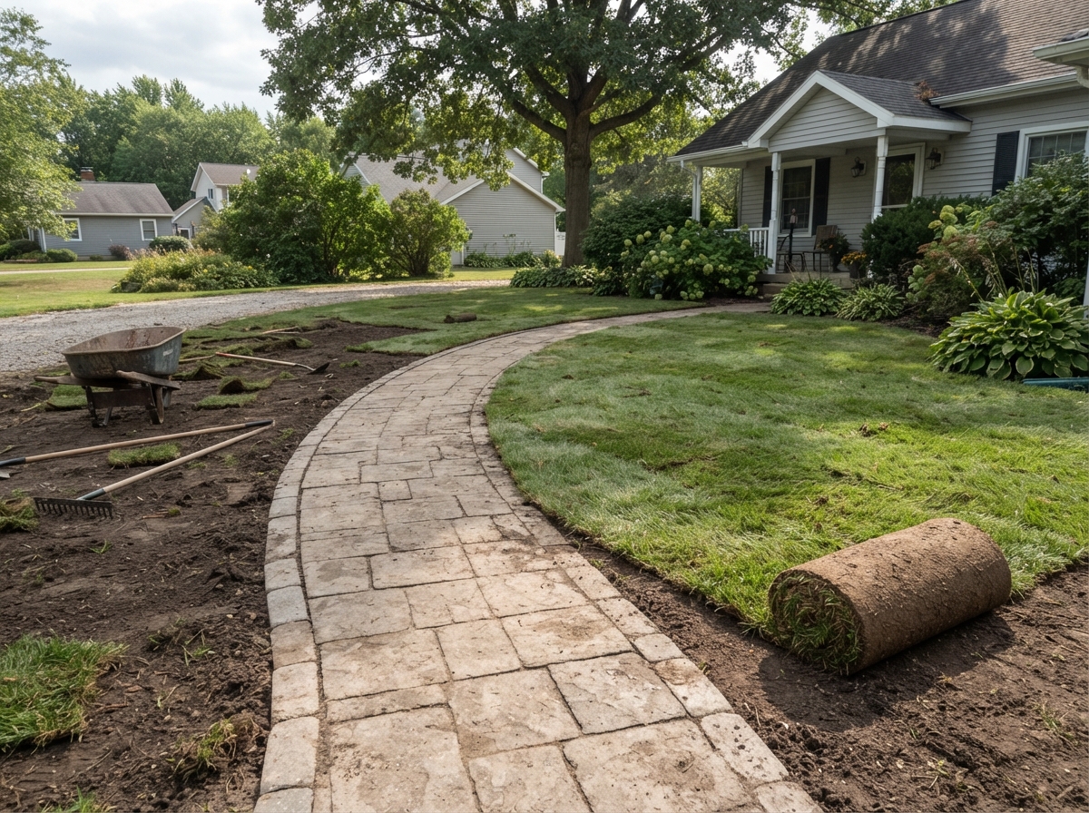 Newly installed sod beside a walkway in a West Michigan residential yard