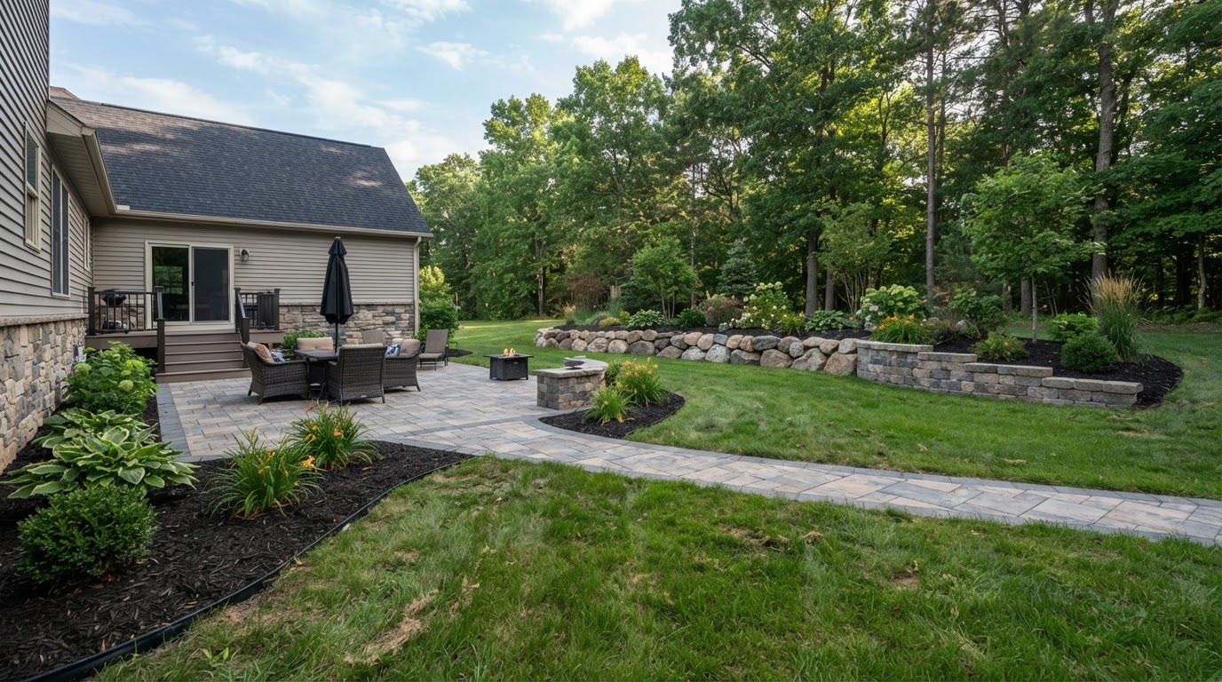 West Michigan residential landscaping with patio, walkway, and landscape beds