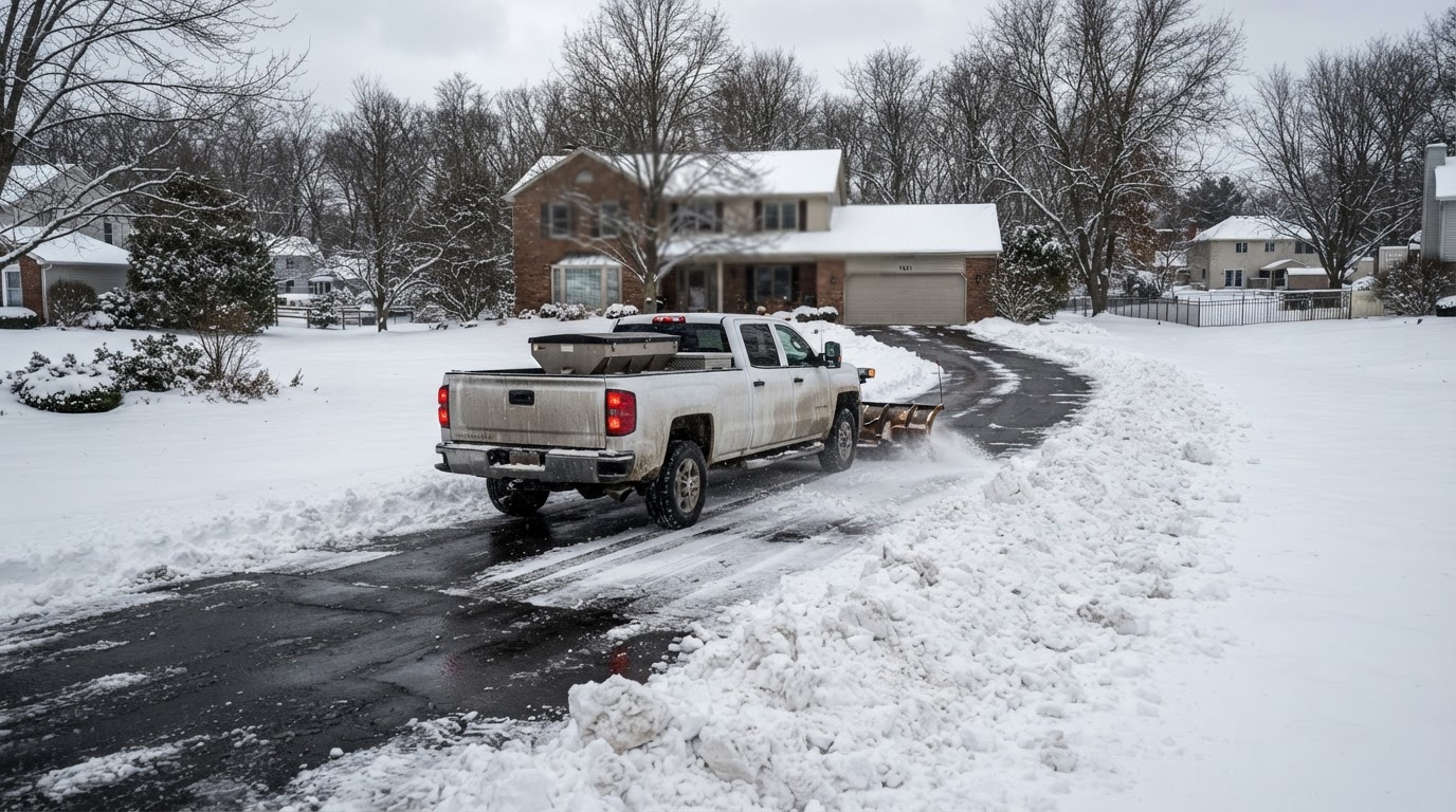 Snow plowing on a residential driveway in West Michigan