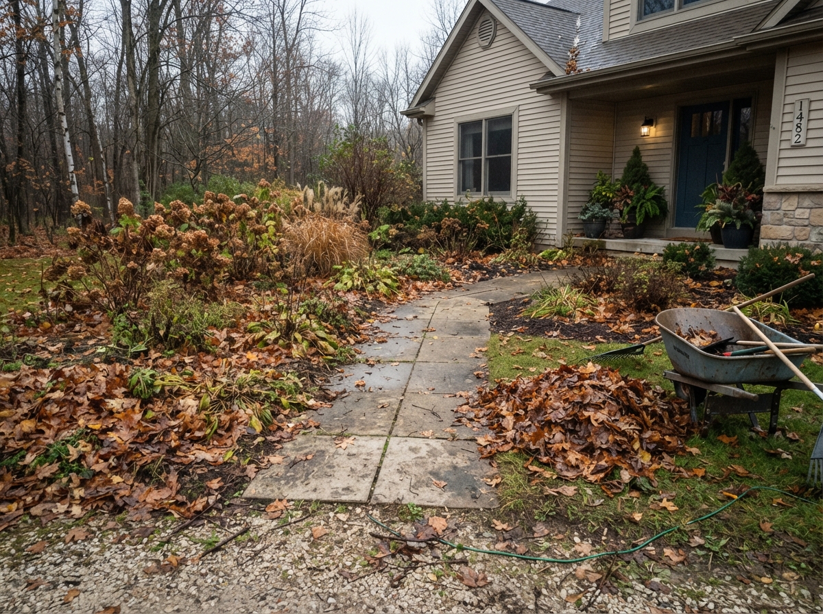 Cleared lawn area after fall leaf cleanup in a West Michigan yard