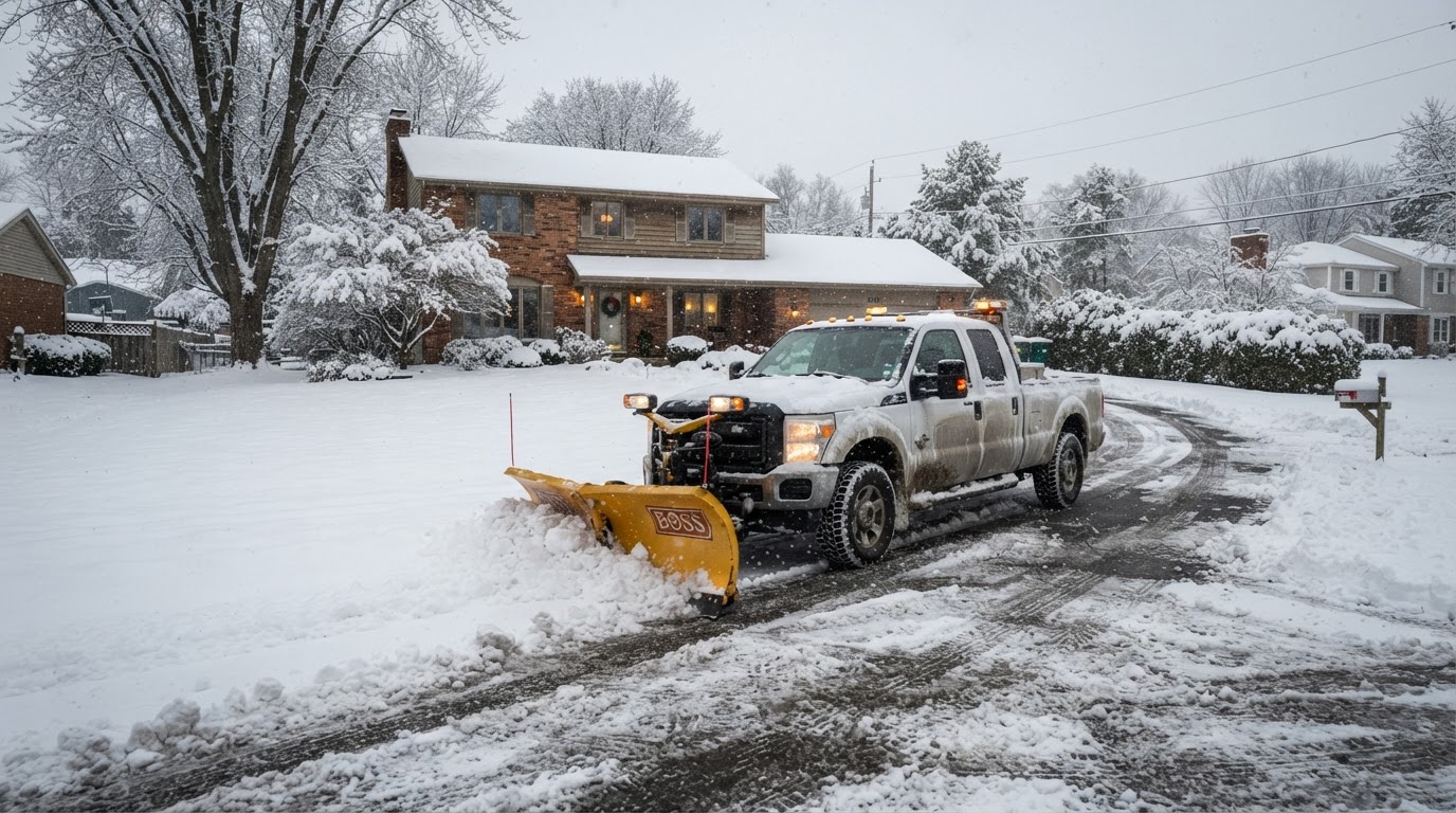 Snow plowing for a Zeeland property during West Michigan winter