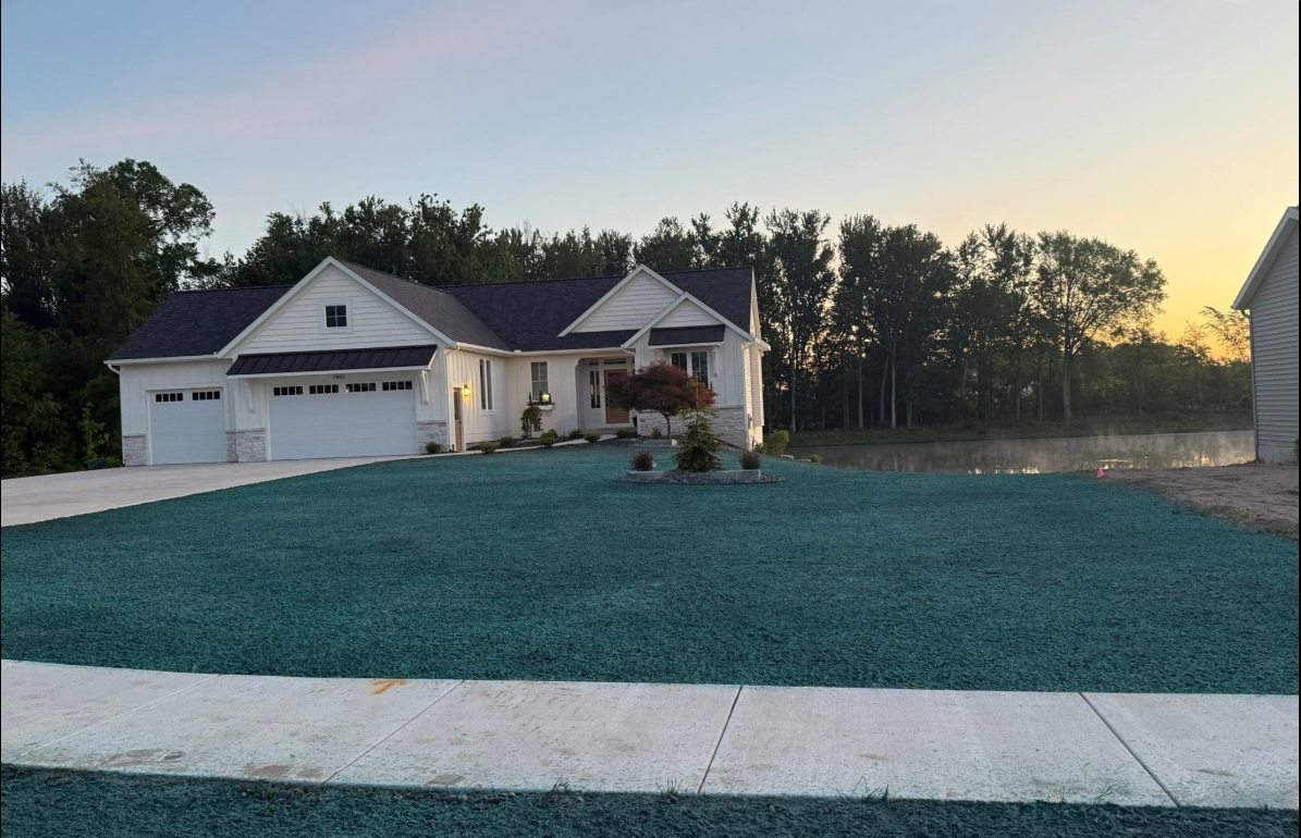 Hydroseeding establishment around new landscaping in West Michigan