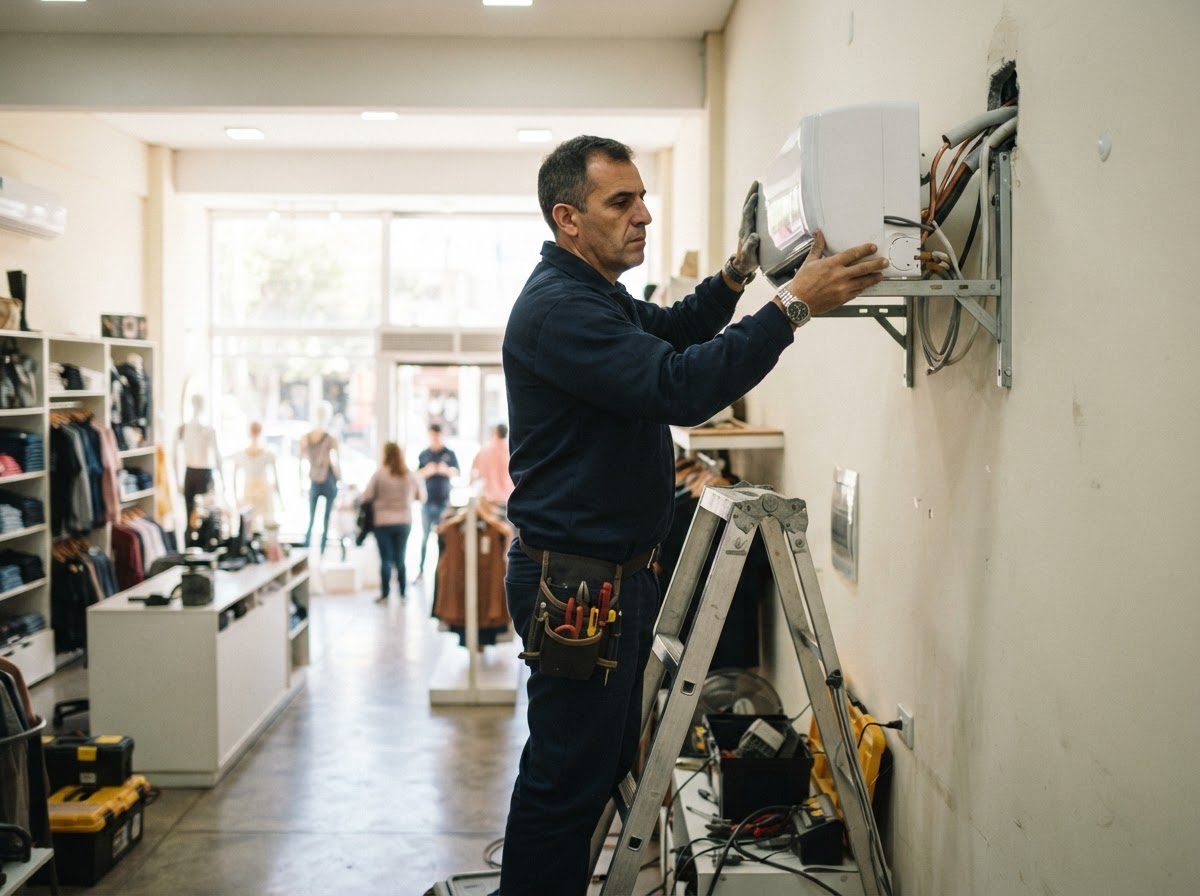 Técnico instalando equipo piso-techo en local comercial