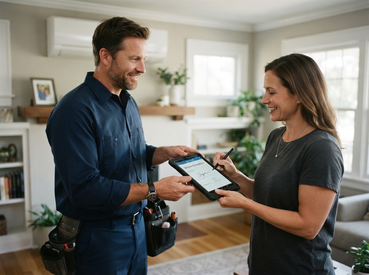 Cliente firmando cierre de orden de trabajo en tablet