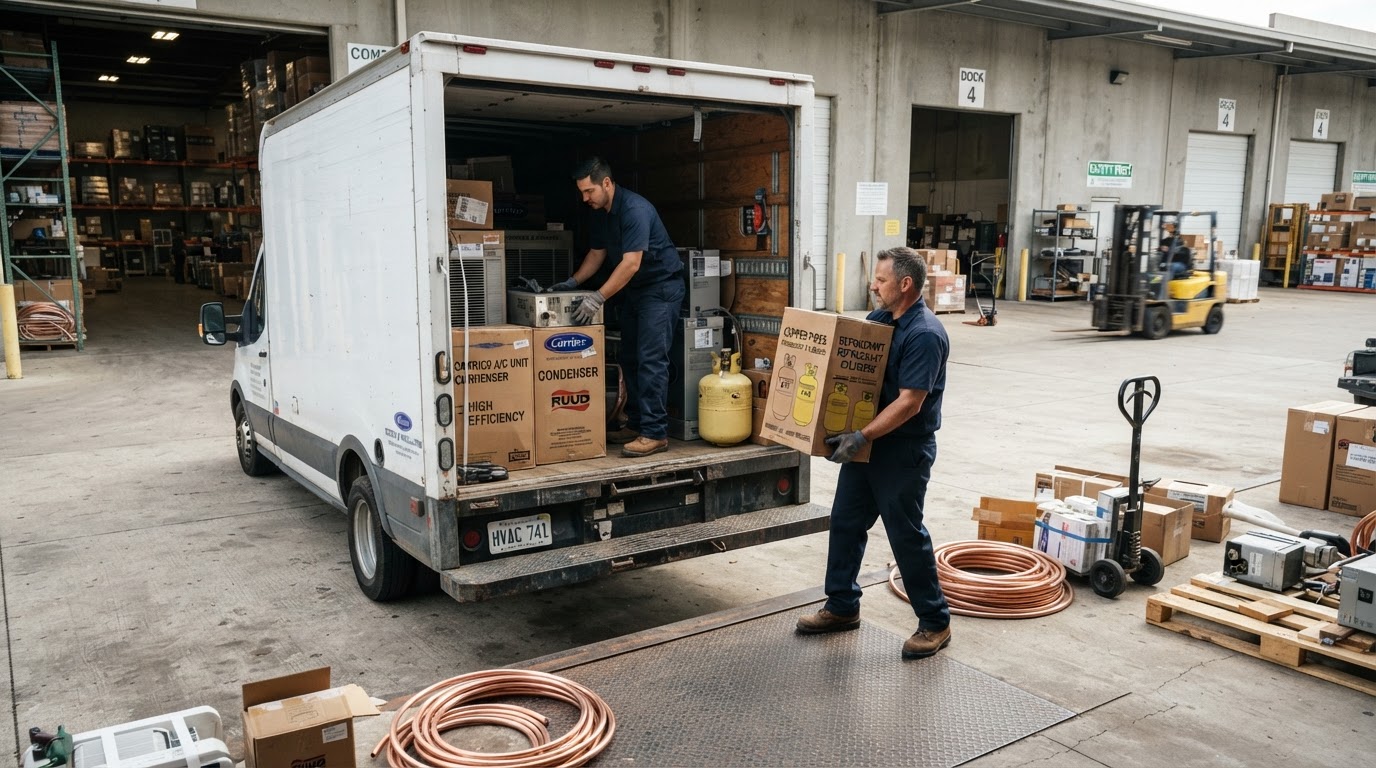 Camión cargando mercadería de climatización en depósito Paraclima
