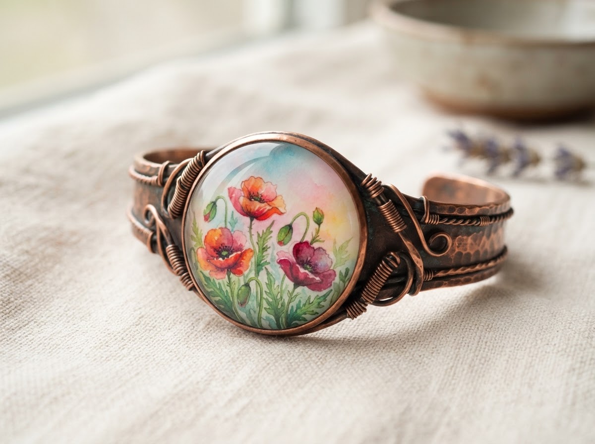 Handmade watercolor glass cuff bracelet by Jeanette Pizarro-Harpe