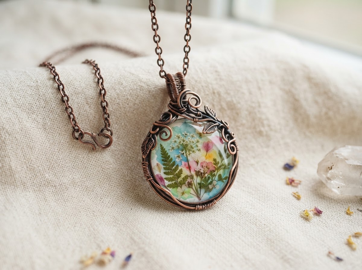 Handmade wildflower cabochon pendant necklace by Jeanette Pizarro-Harpe