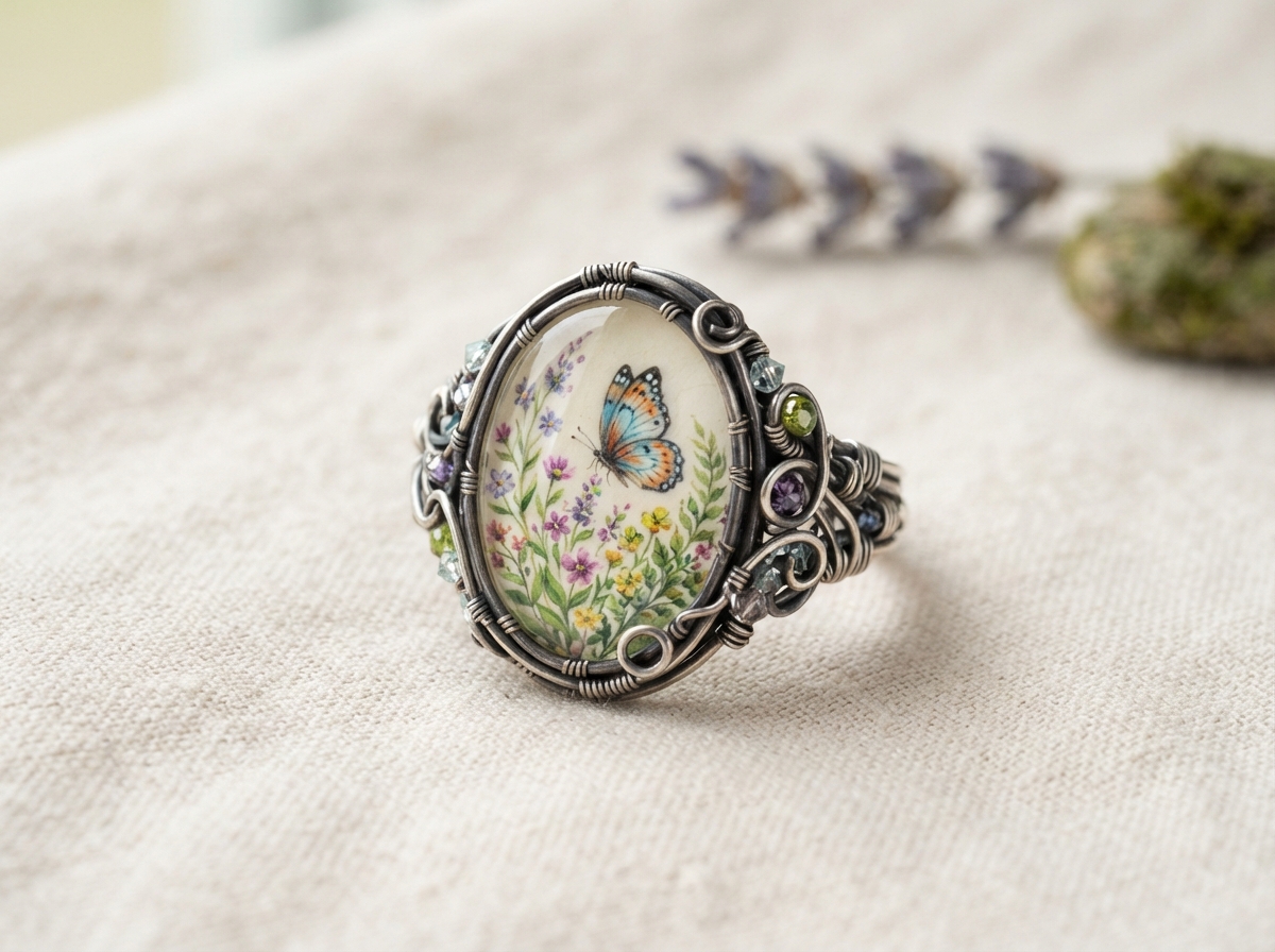Handmade watercolor butterfly glass ring by Jeanette Pizarro-Harpe