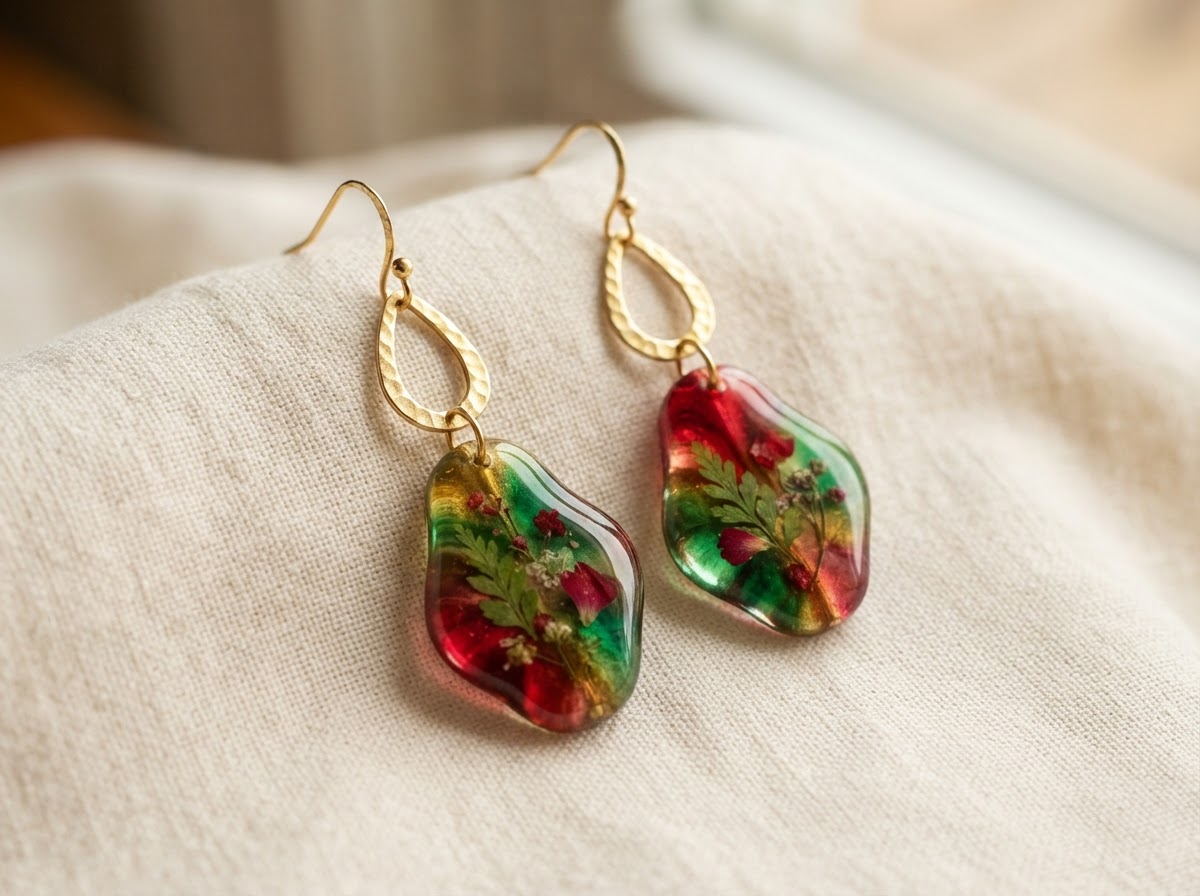 Handmade watercolor resin dangle earrings by Jeanette Pizarro-Harpe