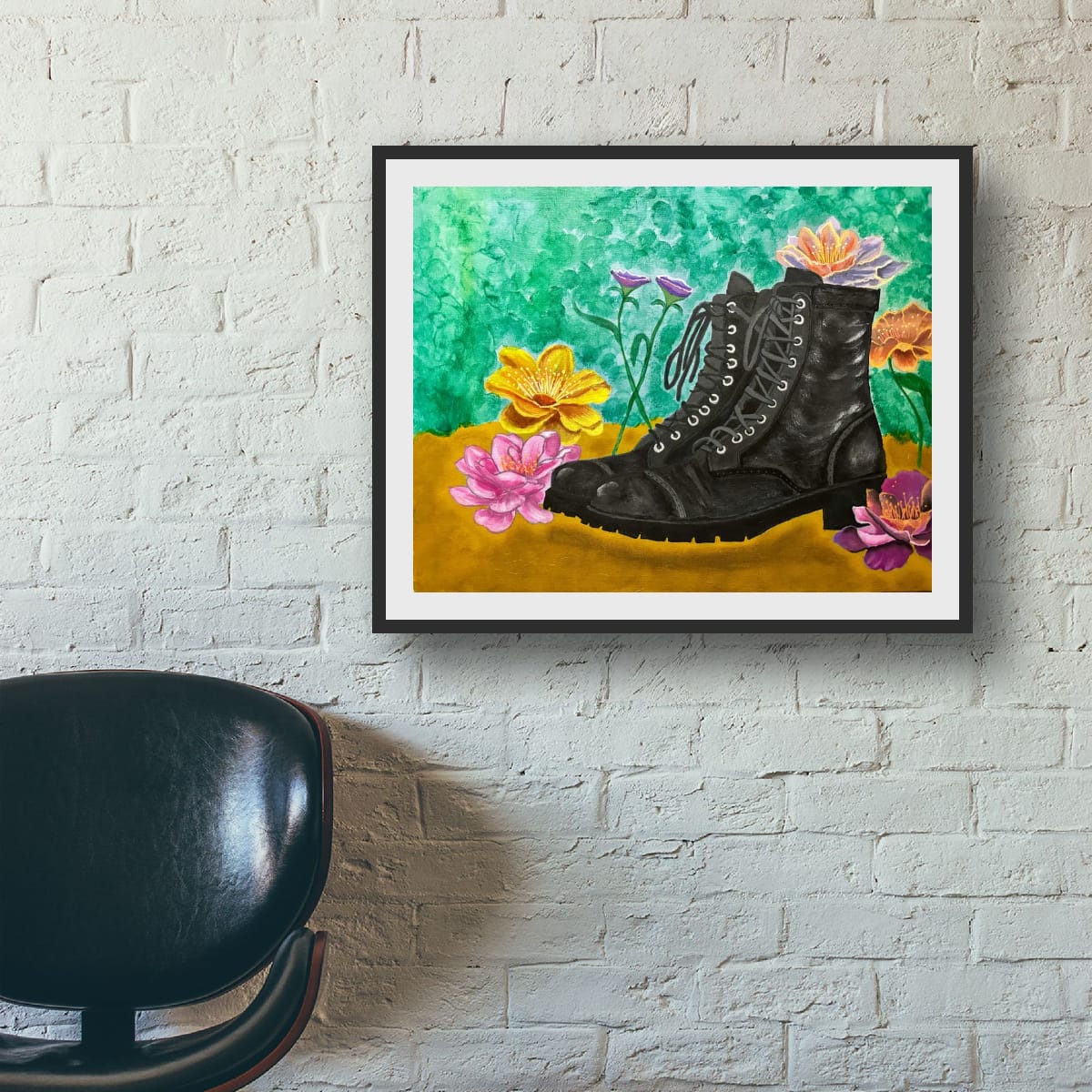 Black combat boot surrounded by colorful flowers painting