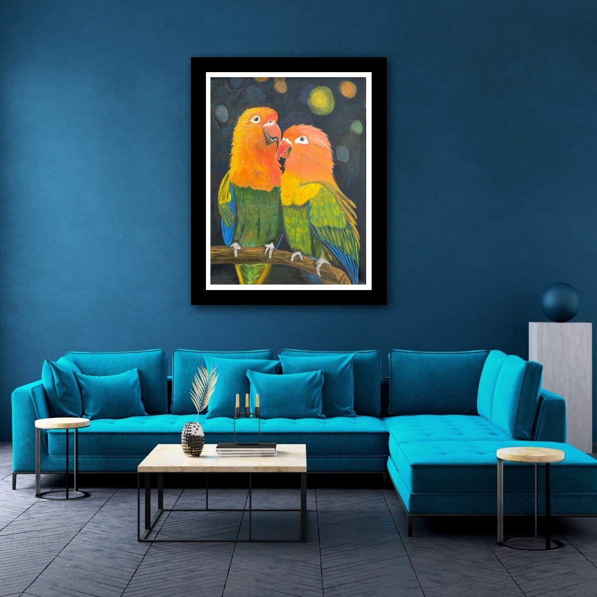 Two colorful lovebirds perched together painting