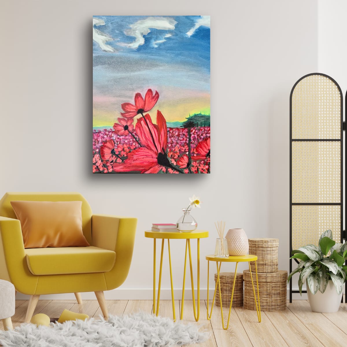 Red poppy field watercolor painting by Jeanette Pizarro-Harpe