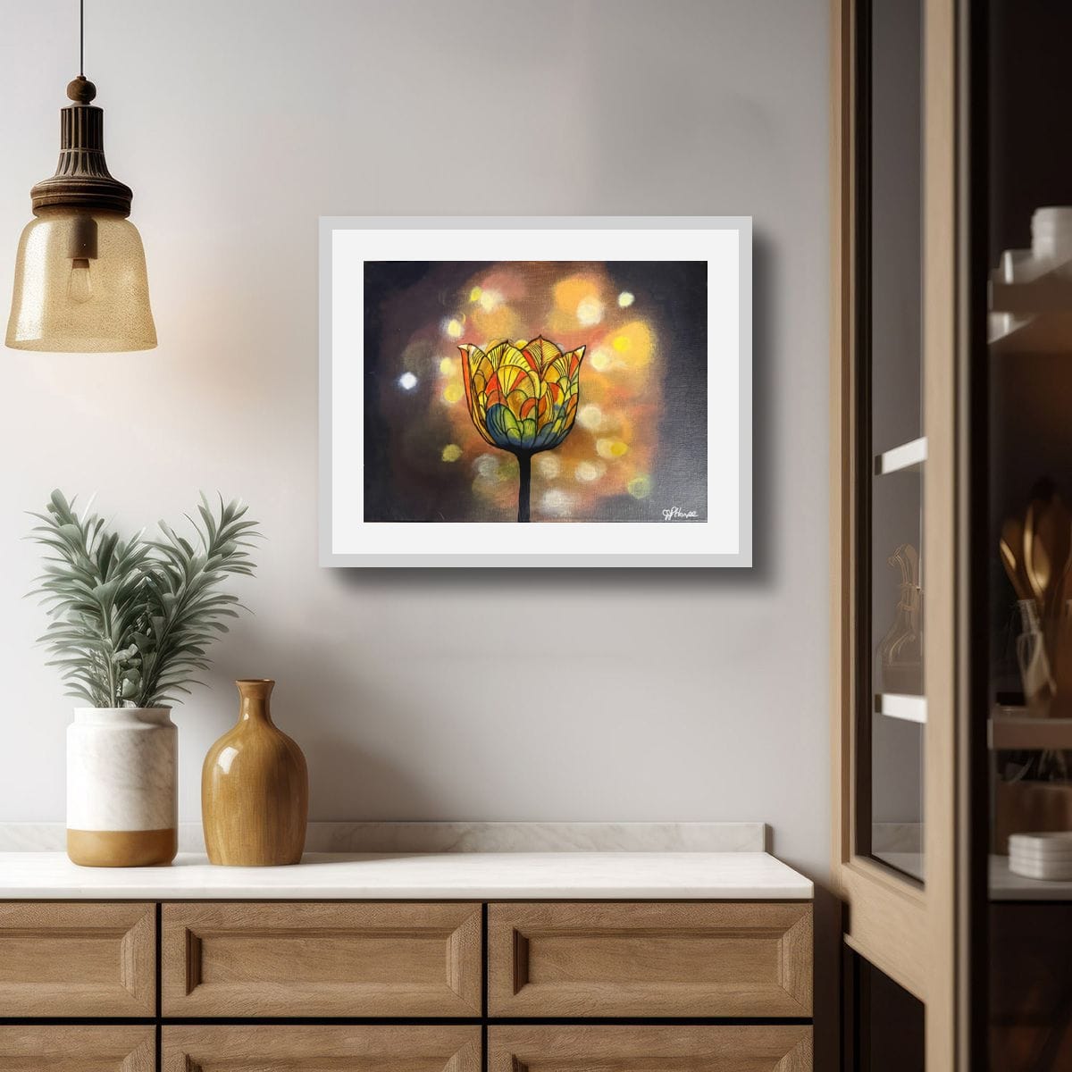 Glowing tulip painting with bokeh lights