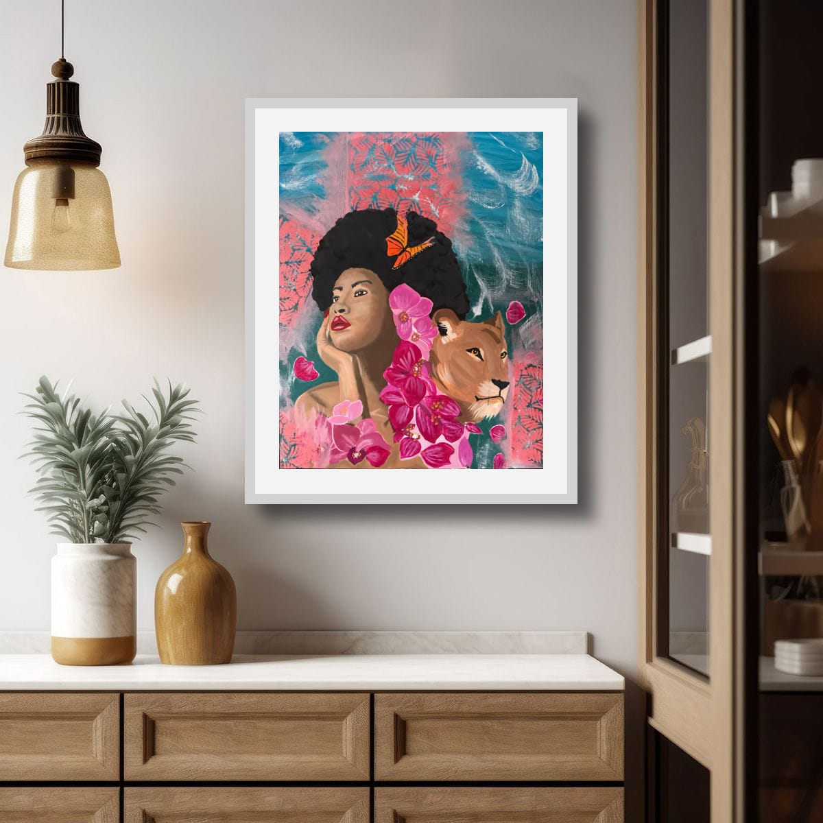 Woman with lion and orchids against pink teal abstract background painting