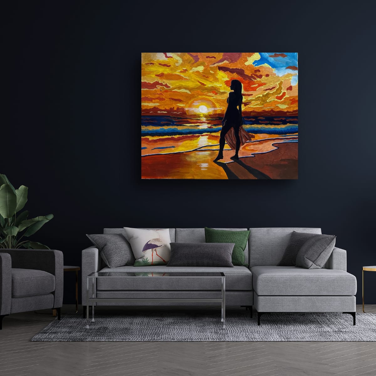 Vibrant sunset beach silhouette painting