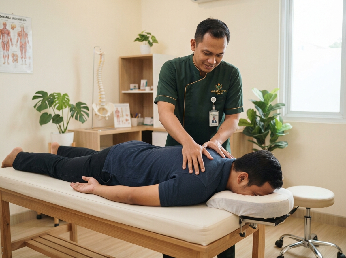 Terapis pria RUMAH TERAPI ALFA melakukan terapi manual chiropractic pada pasien pria di ruangan yang bersih dan nyaman