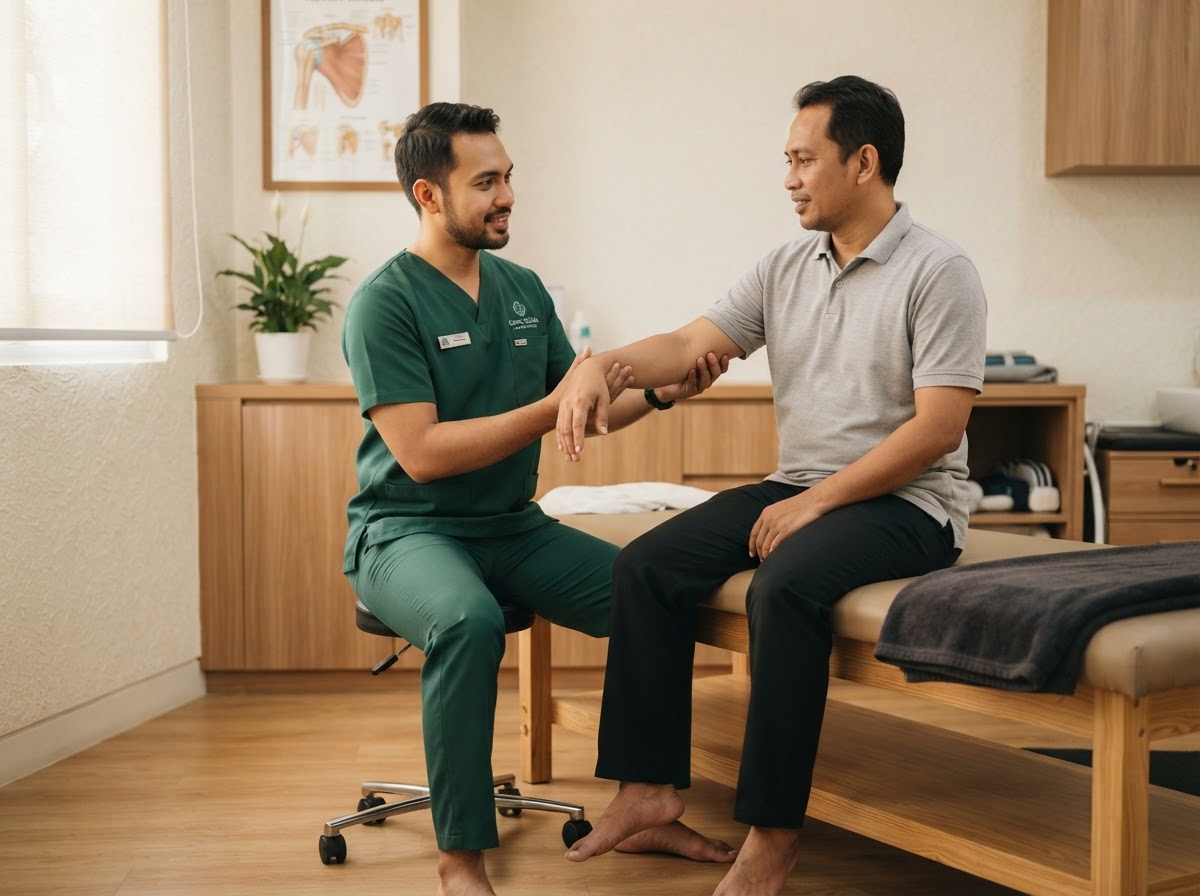 Terapis pria RUMAH TERAPI ALFA berbicara dengan pasien pria sambil memperhatikan kenyamanan gerak lengan dan bahu pasien