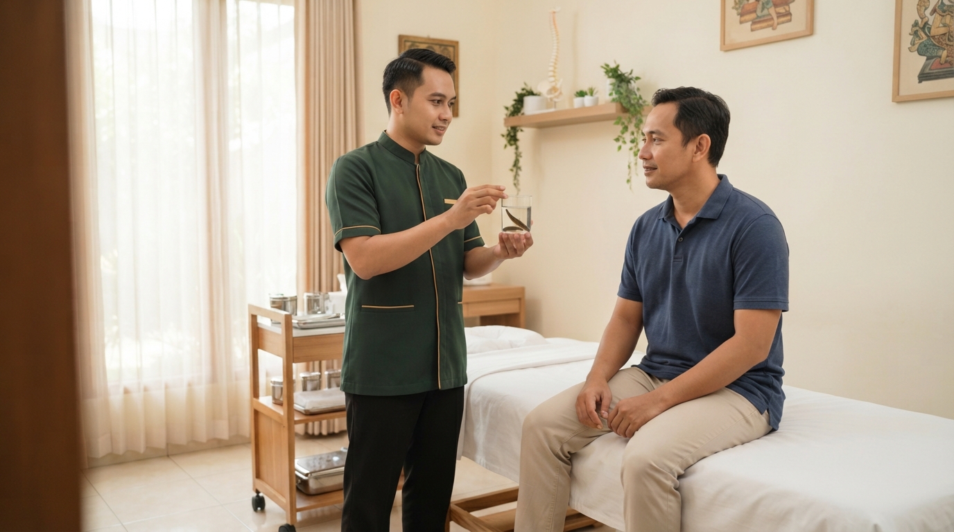 Terapis pria RUMAH TERAPI ALFA menyiapkan sesi terapi lintah dengan tenang di ruangan yang bersih dan nyaman, pasien pria duduk santai
