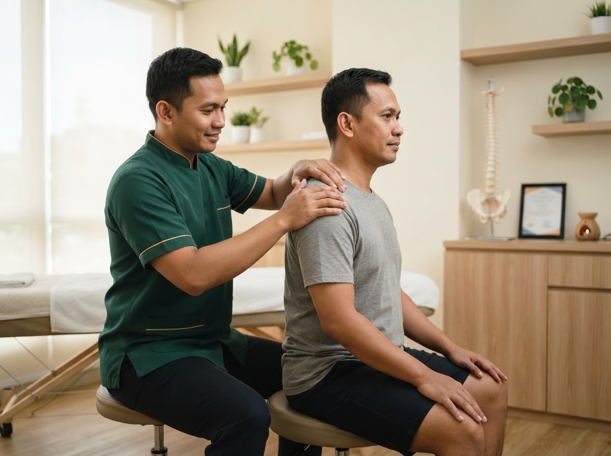 Terapis pria RUMAH TERAPI ALFA melakukan terapi manual pada bahu dan punggung atas pasien pria yang duduk dengan nyaman di ruangan terapi yang bersih
