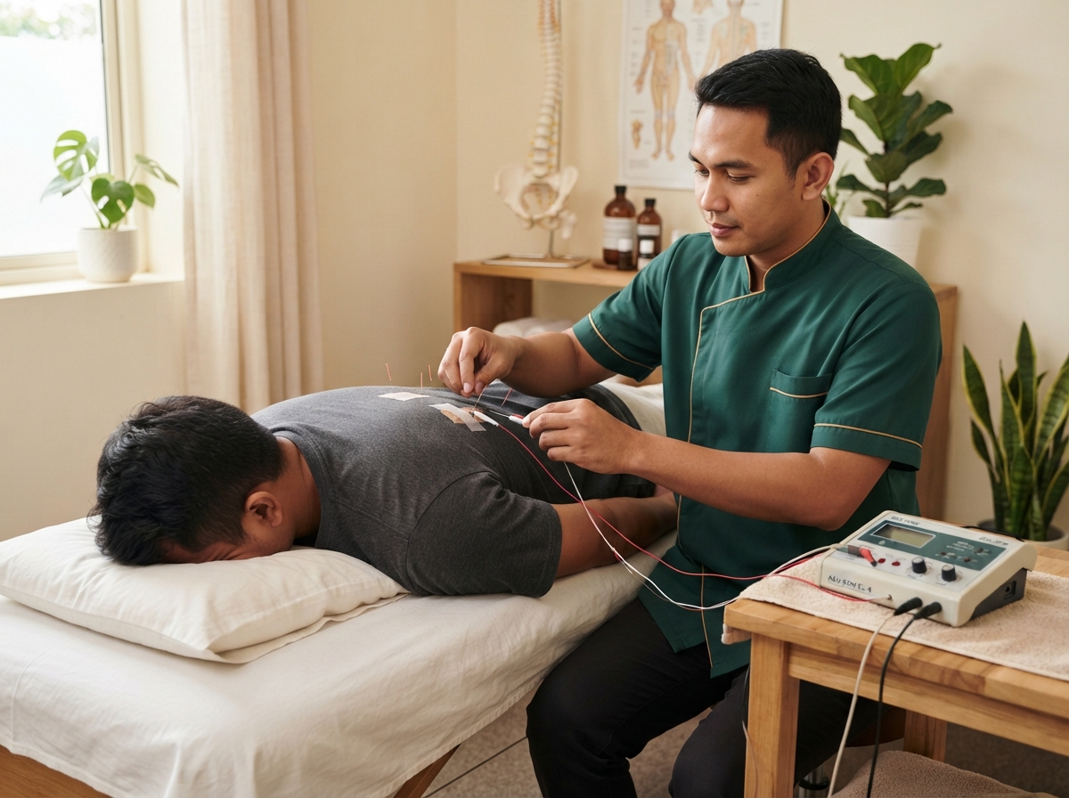 Terapis pria RUMAH TERAPI ALFA melakukan electro akupunktur dengan jarum halus dan perangkat stimulasi listrik ringan pada bahu pasien pria di ruangan yang bersih dan tenang