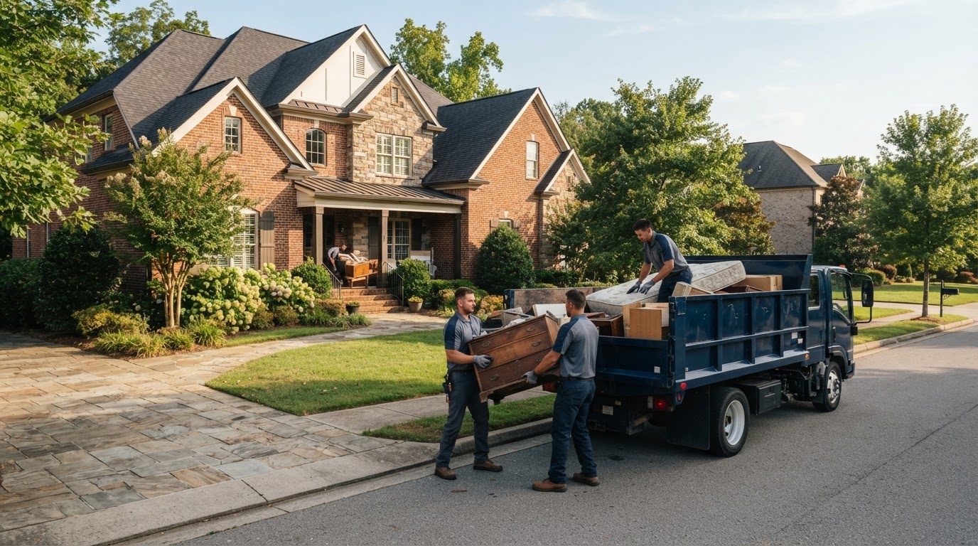 Professional junk removal crew loading old furniture into a dump truck outside a suburban Germantown home