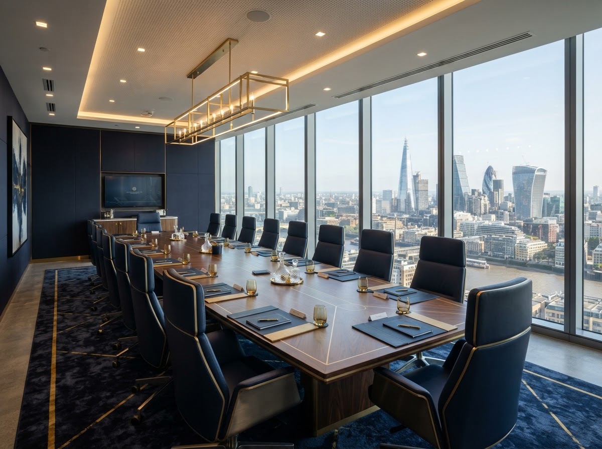 Modern corporate boardroom with floor-to-ceiling windows overlooking a city skyline