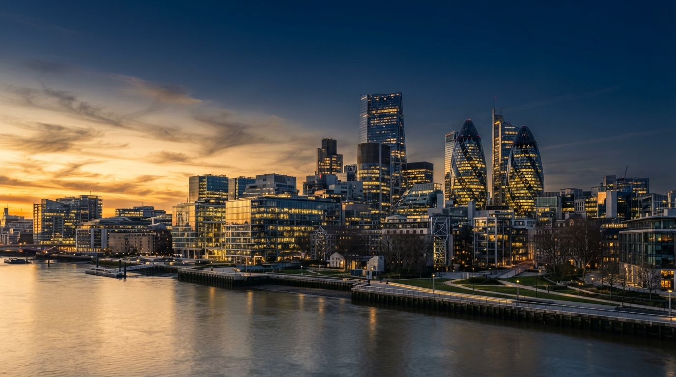 Modern commercial real estate district with glass office towers at golden hour