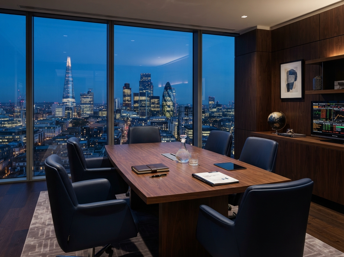 Professional executive office interior overlooking a city skyline