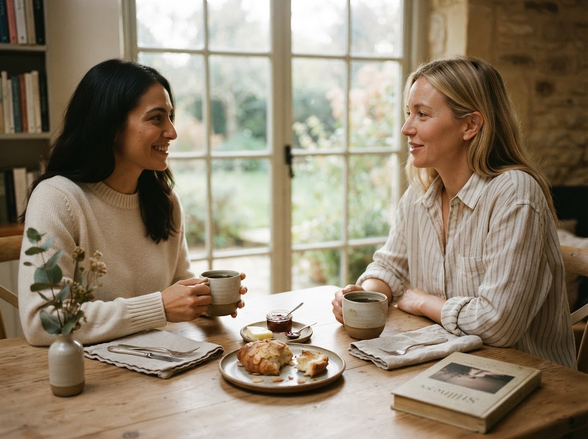 A breakfast table setting with coffee in soft morning light