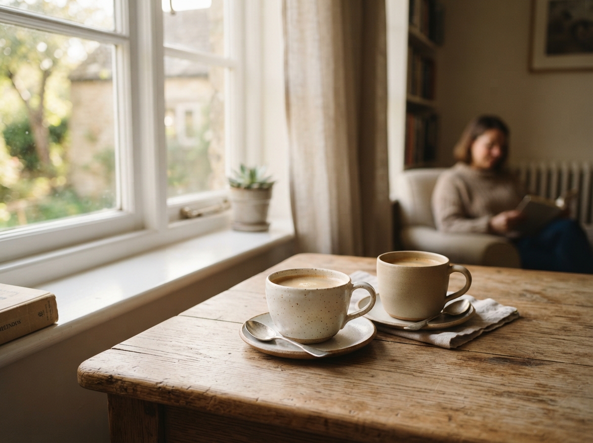 Two ceramic coffee cups on a wooden table near a sunlit window