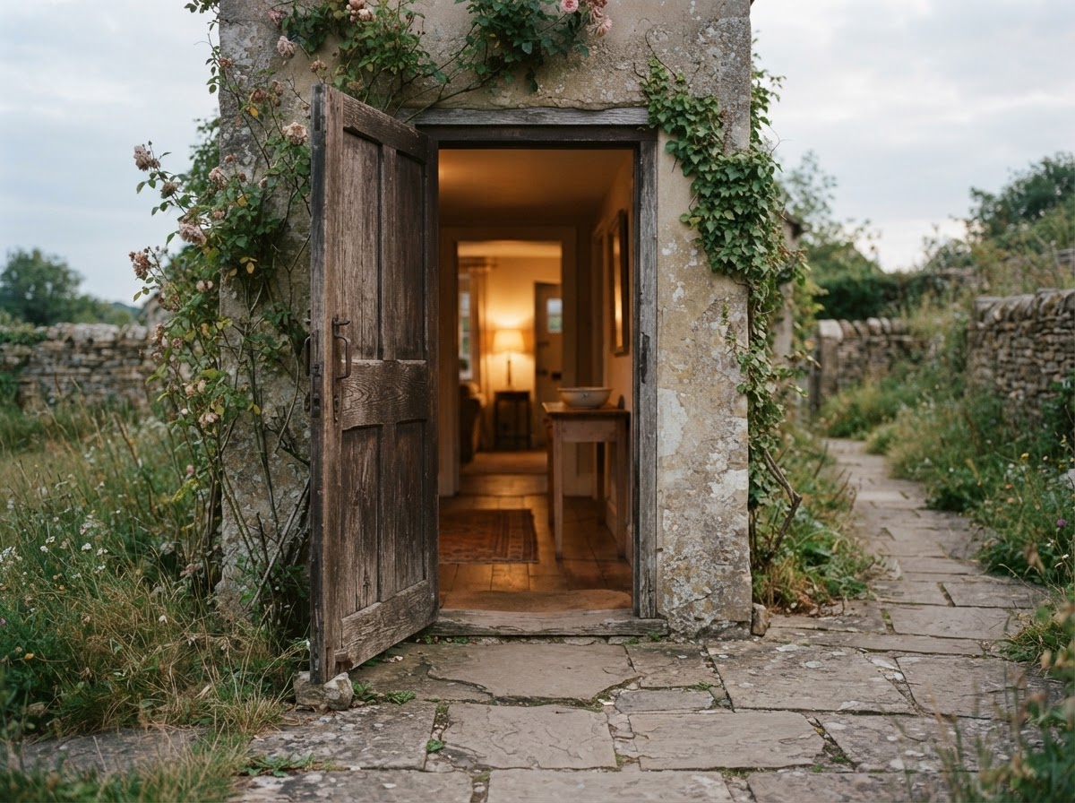 An open wooden door with warm soft light spilling through