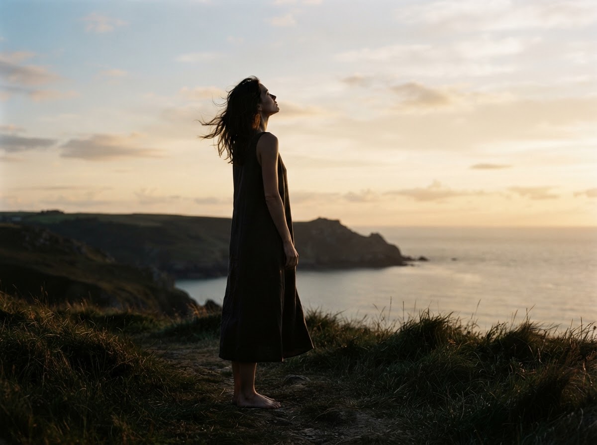 A woman's silhouette standing in soft golden light, looking upward