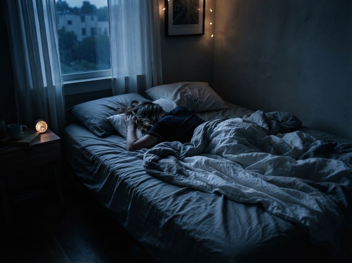 A quiet bedroom with soft rumpled sheets in dim evening light