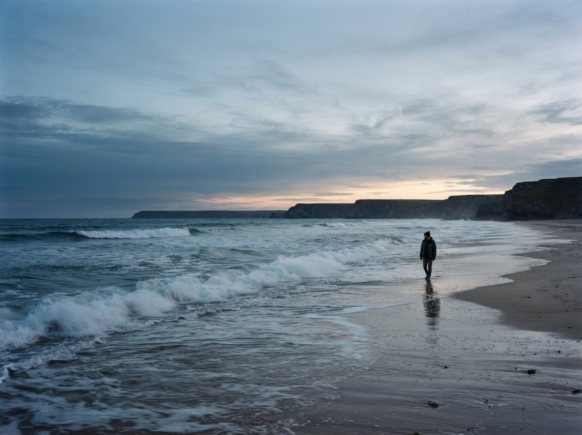 Ocean waves gently crashing on a quiet beach at dusk