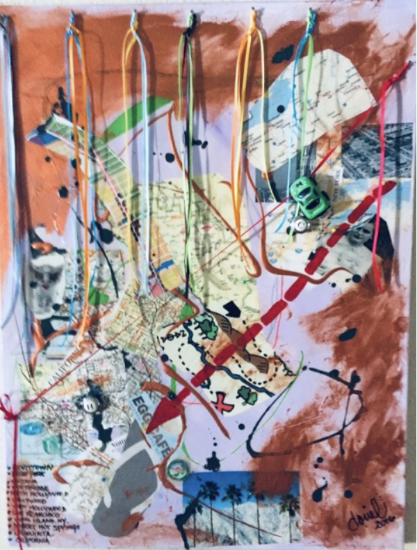 I'm Here — original Map, ribbons, green car painting by Doriel Wyler, 18" x 25", priced at Not for Sale