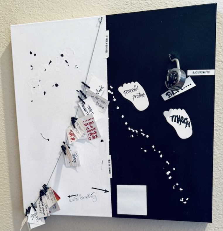 Black Lives Matter — original Black & white footprints, March — Sticky notes, acrylic, and spray paint painting by Doriel Wyler, 20" x 20", priced at $150