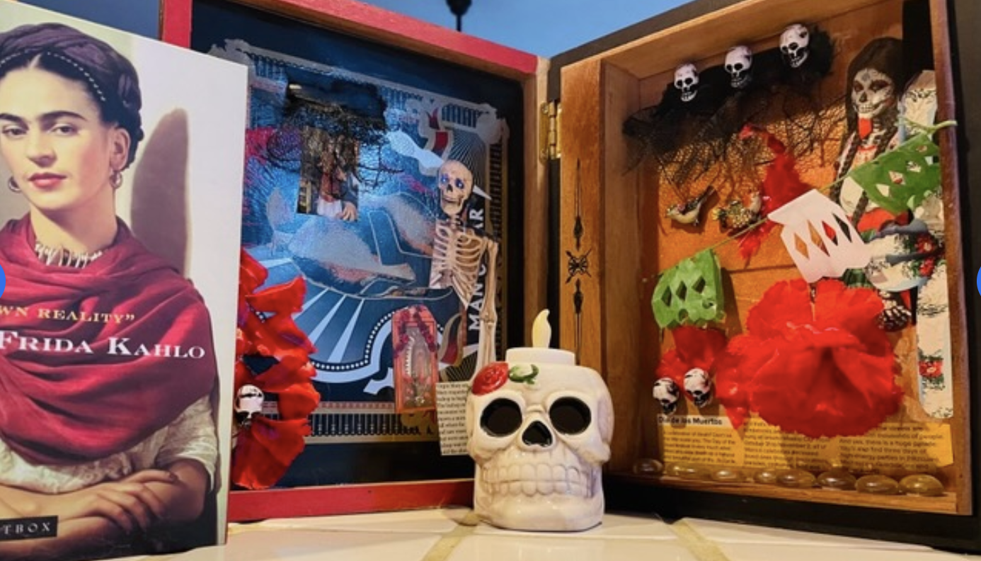 Frieda — original Paper, cigar box, little plastic skulls memory box painting by Doriel Wyler, , priced at $250