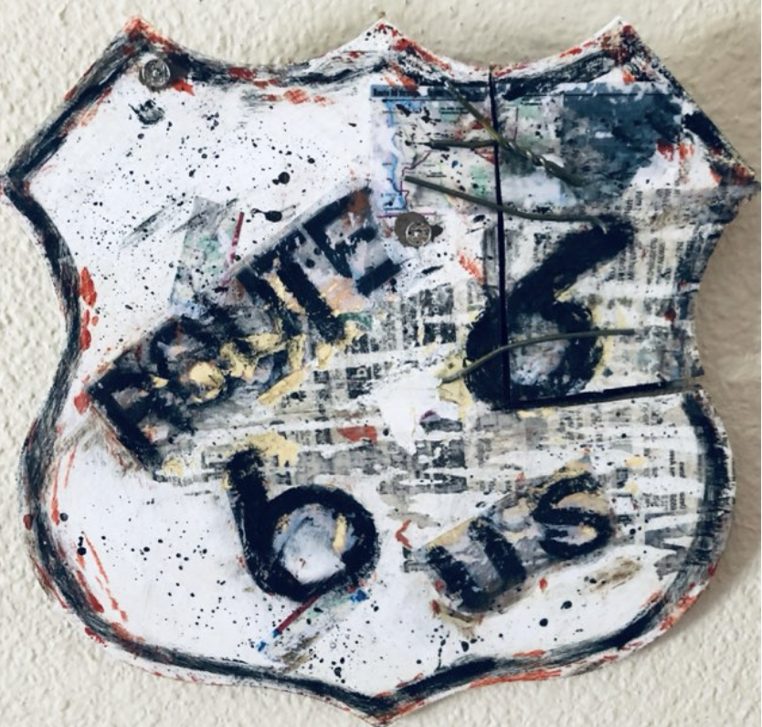 Route 66 — original Wood plaque, acrylic and newspaper imprint painting by Doriel Wyler, , priced at Lost to another Museum