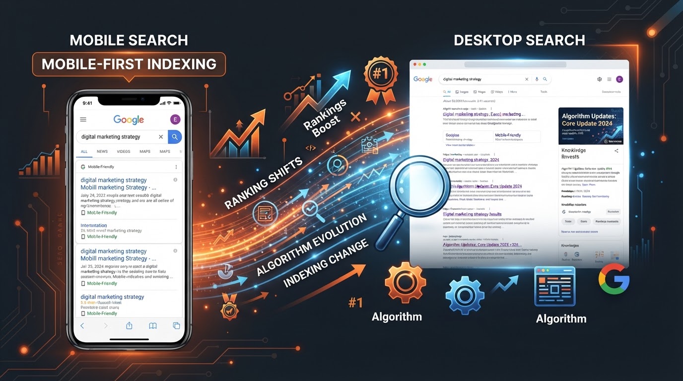 Google algorithm changes and mobile-first indexing concept showing smartphone search results transitioning to desktop with SEO ranking icons and upward-trending graph on dark charcoal with ember-orange and electric blue accents