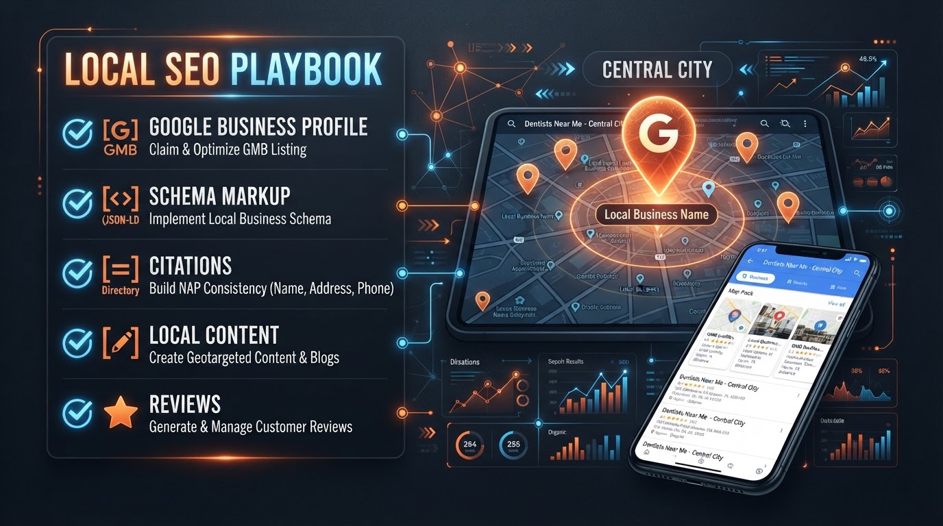 Local SEO playbook concept showing a checklist with five items: Google Business Profile, schema markup, citations, local content, and reviews, with a map pin and local search results, on dark charcoal background with ember-orange and electric blue accents