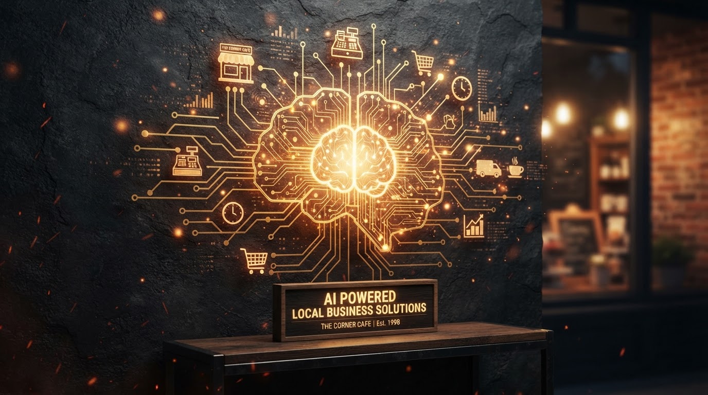 5 Easy Ways To Use AI In Your Local Business — golden circuit board and brain network on dark charcoal representing artificial intelligence for small businesses