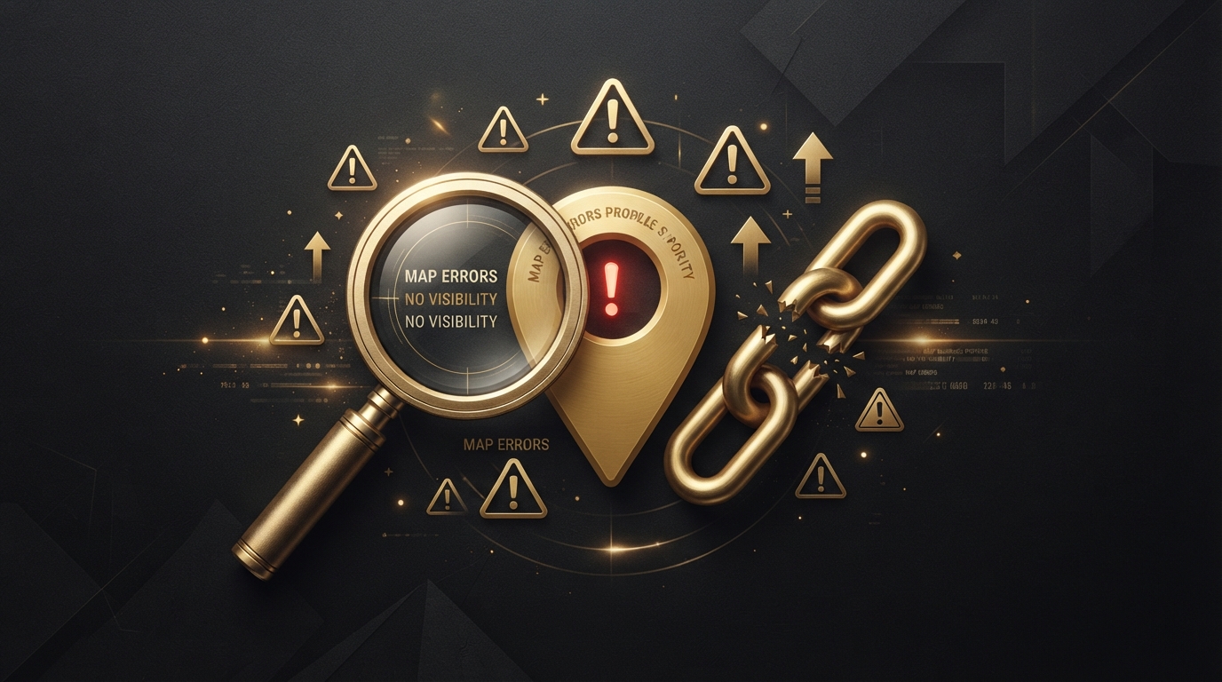 10 Most Common Google Business Profile Problems — golden warning icons and magnifying glass over a map pin on dark charcoal representing GBP troubleshooting