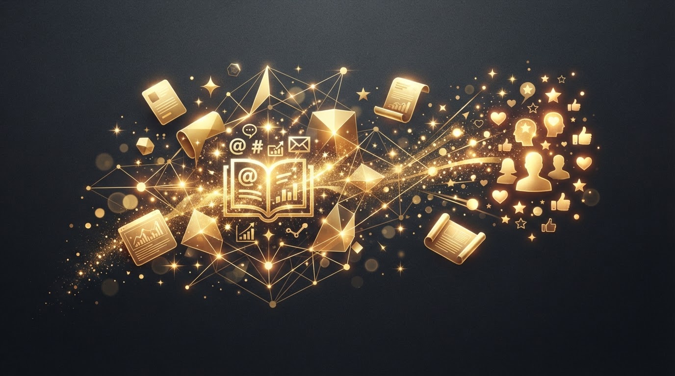 How To Create Content Your Audience Will Love — golden documents and creative sparkles on dark charcoal representing content marketing strategy