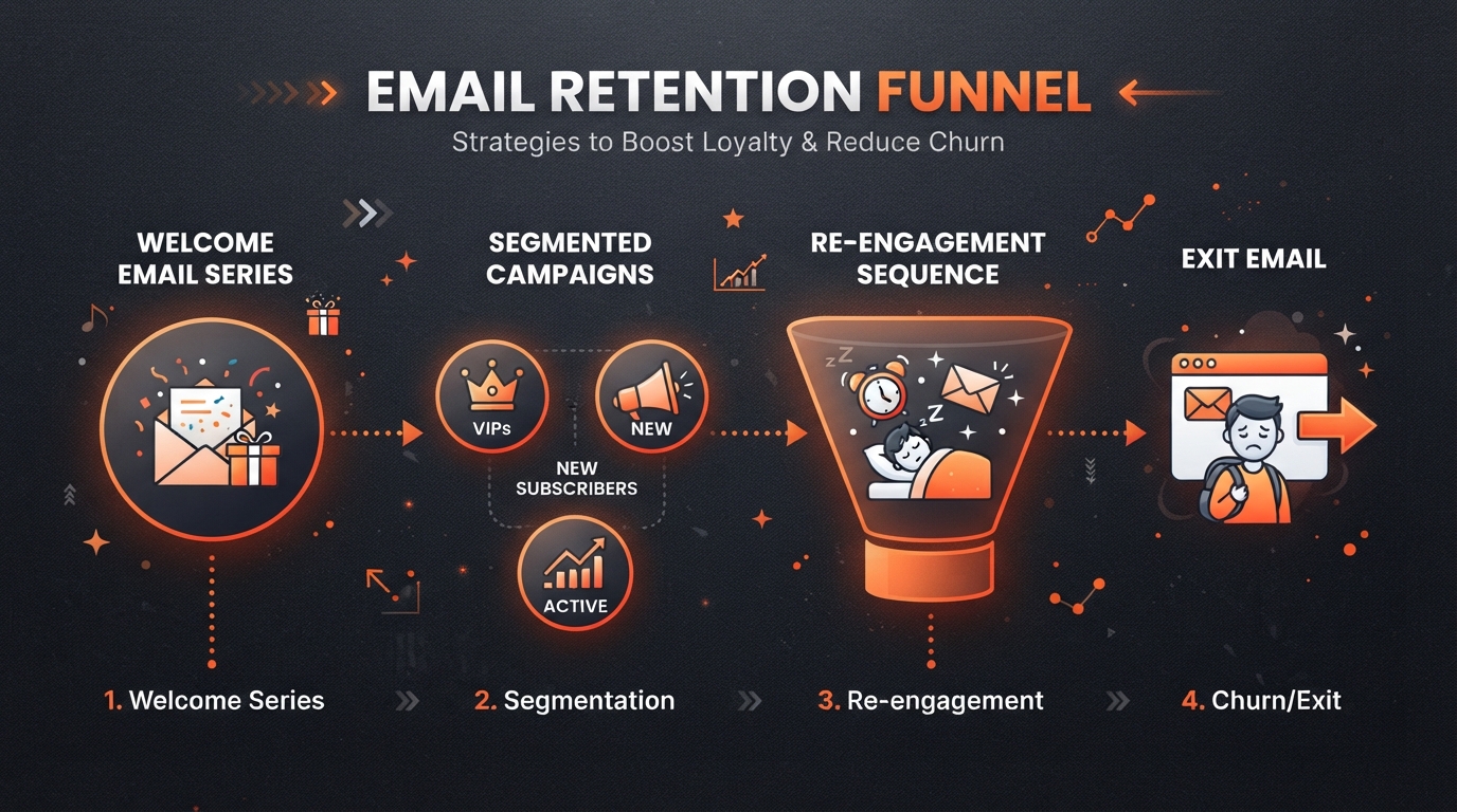 Email customer retention funnel illustration showing welcome email, segmented campaigns, re-engagement sequence, and exit email connected by dotted lines on dark charcoal with ember-orange accents