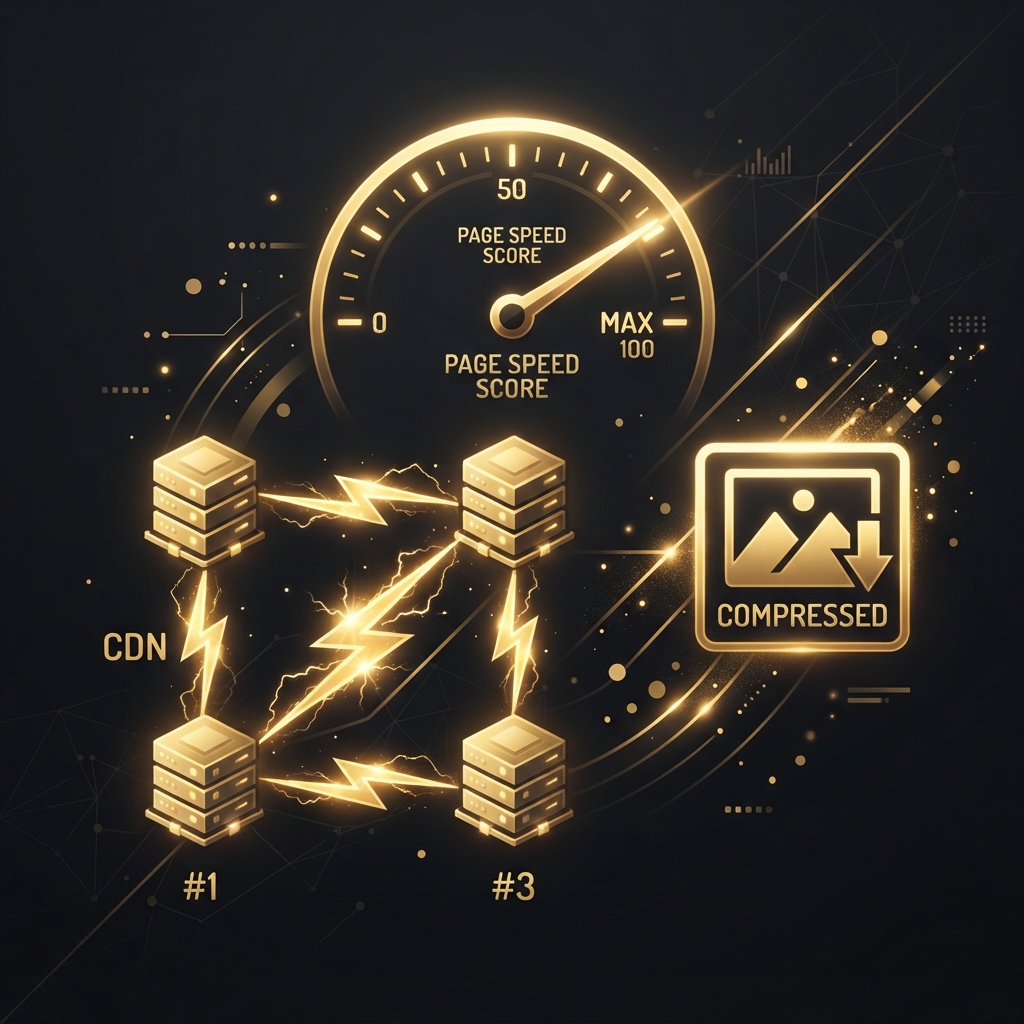 Page speed optimization techniques — golden speedometer gauge, CDN server nodes with lightning bolts, and compressed image icon on dark charcoal representing website performance improvements