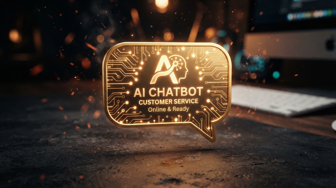 AI chatbot customer service — golden chat bubble with circuit pattern on dark charcoal representing 24/7 automated customer support for local businesses