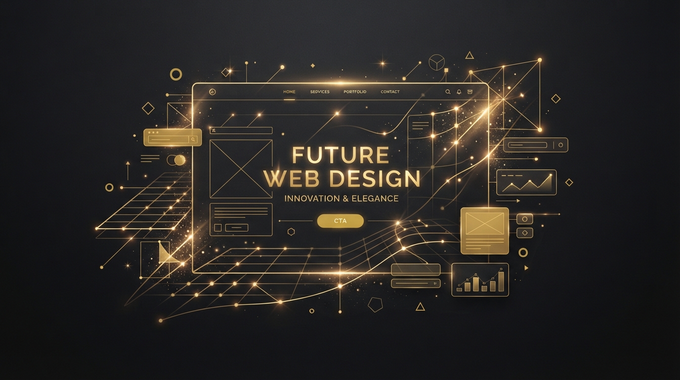 7 Essential Elements Your Website Must Have In 2024 — golden wireframe and UI component icons on dark charcoal representing modern website design elements